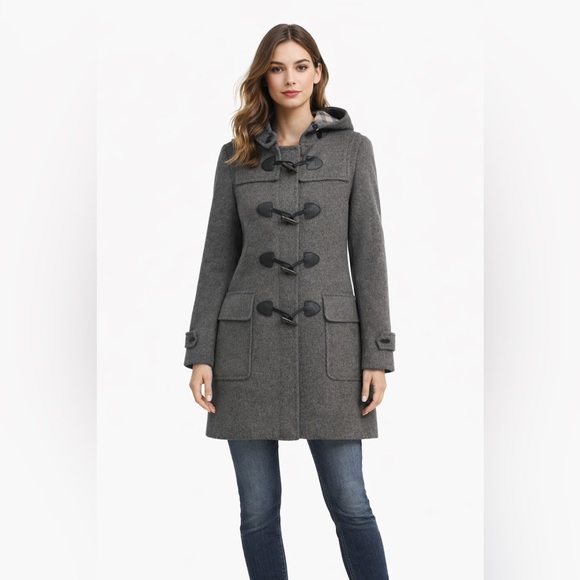 BURBERRY BRIT Charcoal Wool Duffle Toggle Closure Leather Accents Lined Coat